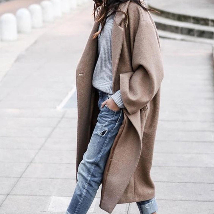Casual Long Jacket With Pockets Solid Color Single Breasted Lapel Woolen Coat For Women Warm Winter Clothing Casual Long Jacket With Pockets Solid Color Single Breasted Lapel Woolen Coat For Women Warm Winter Clothing